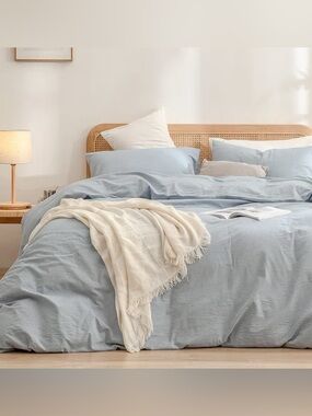 Duvet Cover Set 100% Washed Cotton Linen 3pcs Cornflower Blue